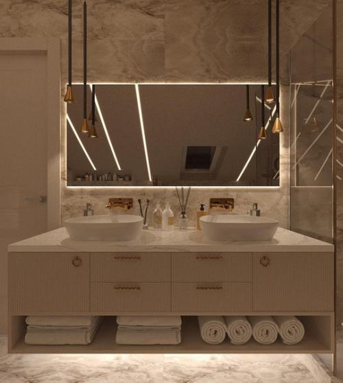 Прекрасный интерьер совмещенного санузла на мансардном этаже. 06