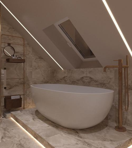 Прекрасный интерьер совмещенного санузла на мансардном этаже. 01