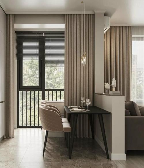 Квартира - студия, в которой кухня, гостиная и лоджия образуют просторное единое пространство. 02