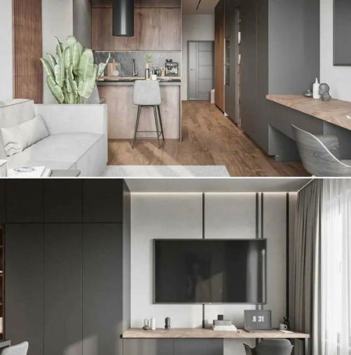 Этот монохромный интерьер обретает мягкость и уют благодаря использованию деревянной текстуры и оттенков. 01