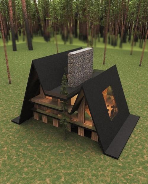 Стильный домик.  Даже ель умудрились вписать в крышу. 08