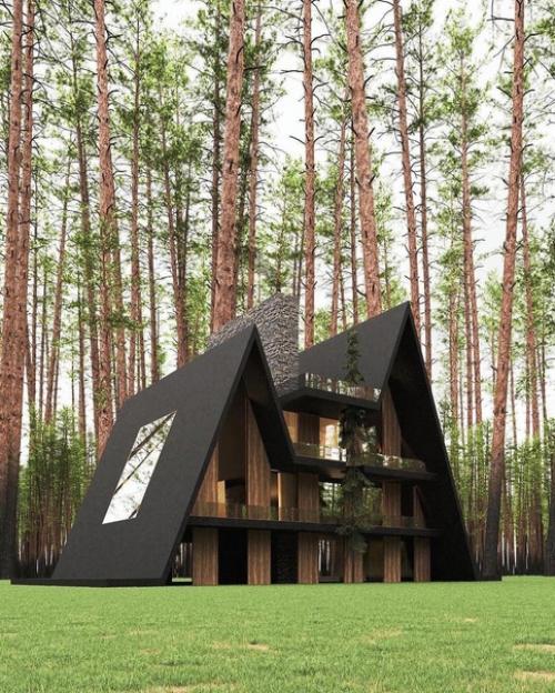 Стильный домик.  Даже ель умудрились вписать в крышу.