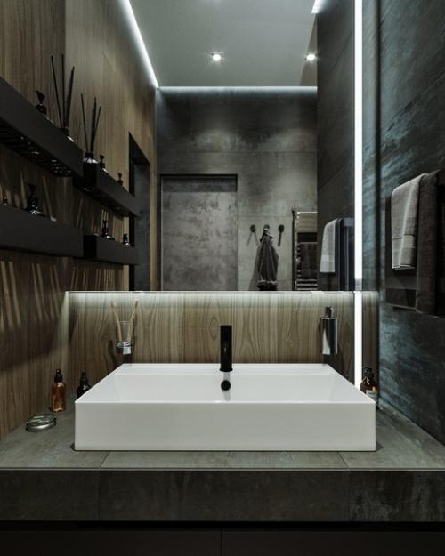 Санузел в темной цветовой гамме.

