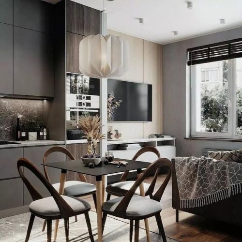 Кухня - гостиная в достаточно таки темной цветовой гамме. 01