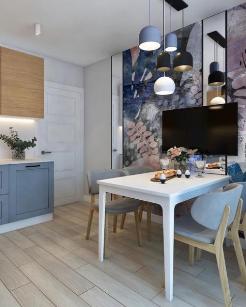 Интересное оформление стены у обеденного стола. 04