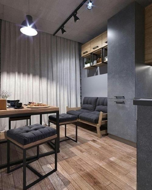 Сразу прослеживается брутальный стиль кухни для холостяка. 01