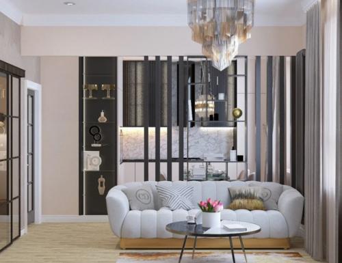 Отличный вариант разделения на зоны двух объединенных помещений: