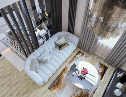 Отличный вариант разделения на зоны двух объединенных помещений: 01