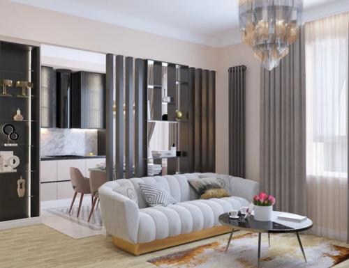 Отличный вариант разделения на зоны двух объединенных помещений: 02