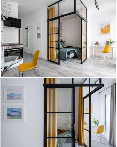 Квартира - студия в белом цвете я яркими акцентами. 02