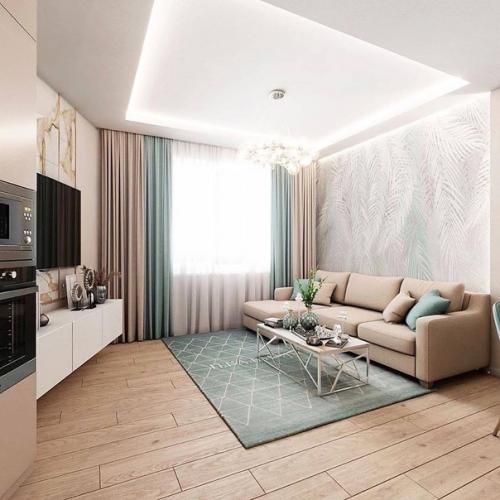 Приятный интерьер в нежной цветовой гамме.