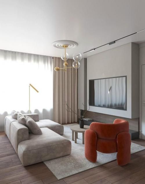 Интерьер небольшой кухни - гостиной выполнен в стильном современном стиле. 07