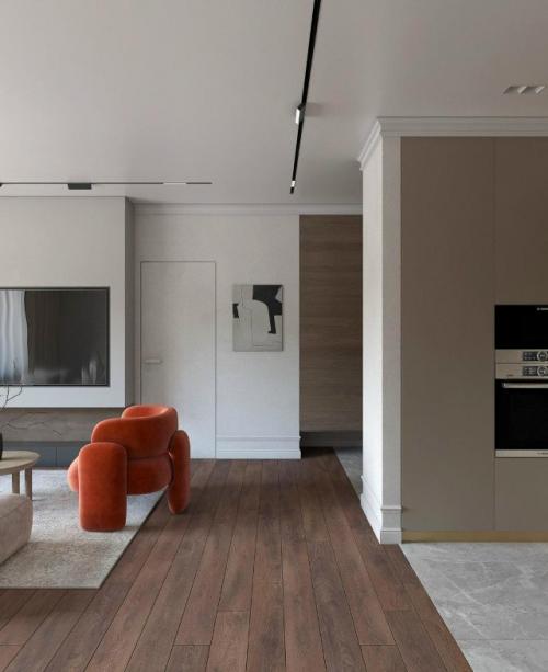 Интерьер небольшой кухни - гостиной выполнен в стильном современном стиле. 04