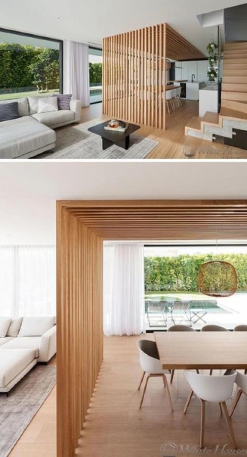 Рейки в интерьере, будь то в виде перегородки, на потолке или на стене: 02