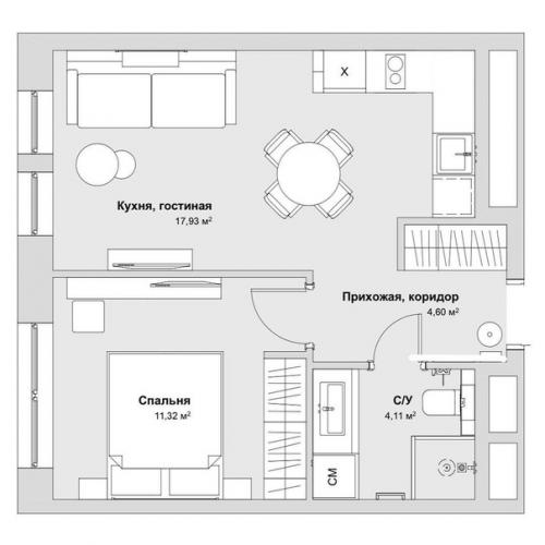 Восхитительный дизайн - проект однокомнатной квартиры, + планировка. 09